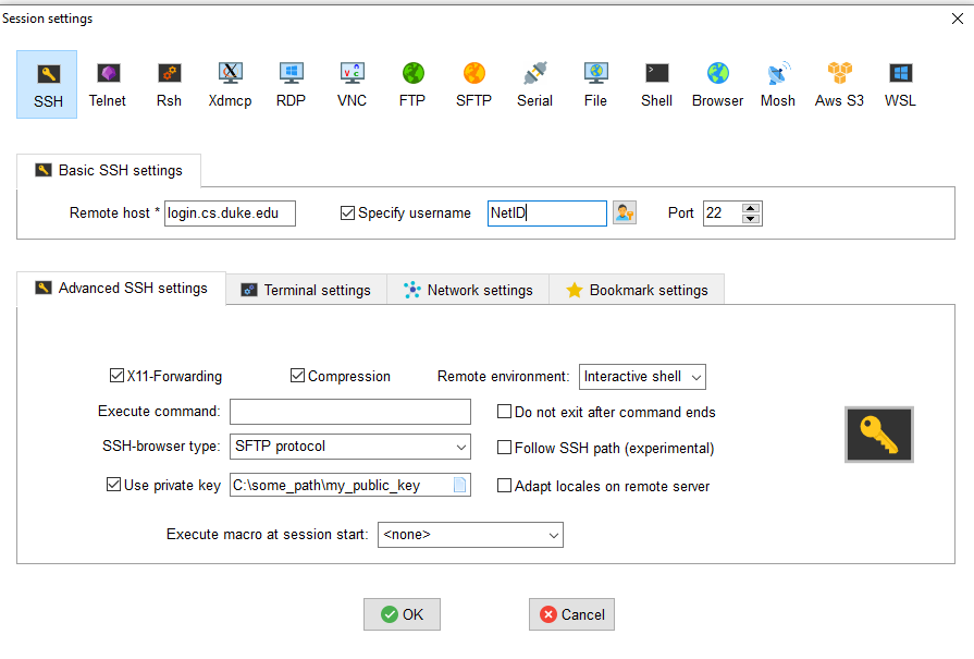 Advanced SSH settings tab