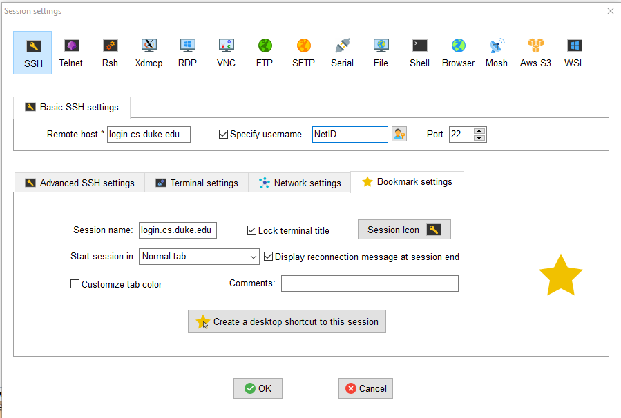 Bookmarks SSH settings tab